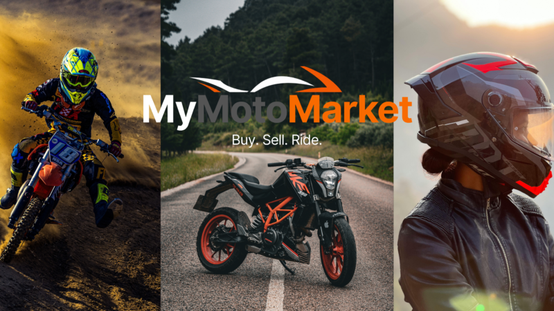 mymotomarket logo with a dirtbike rider, ktm bike and lady wearing a helmet